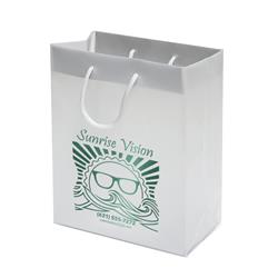 IMPRINTED WHITE Frosted Bags - Medium 8 W x 4 D x 10 "D (100/box | Minimum order - 5 boxes)